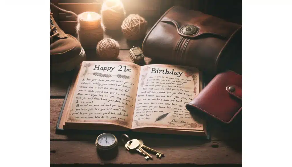 draw an image based on the title"21st Birthday Wishes For Son From Dad. size 1200*650. do not use any women's pictures use book image  